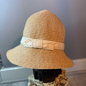 Straw Bucket Style Hat with Lace Trim. Flip Up or Down Brim.